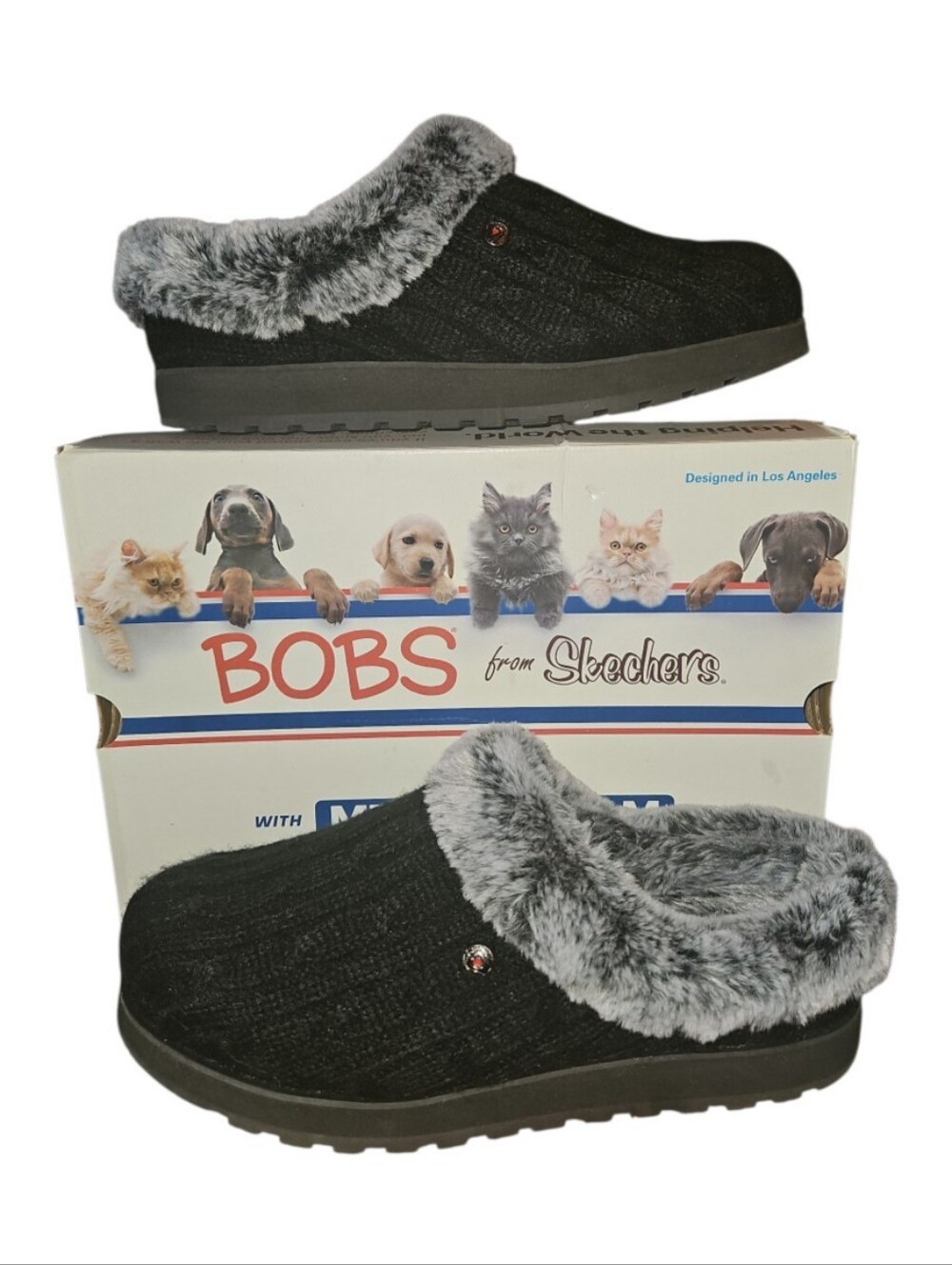 Skechers BOBS KEEPSAKES, Black Slip-On Slippers with Gray Faux Fur Collar